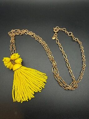 J. Crew long necklace yellow beaded flower tassel #805 gold tone